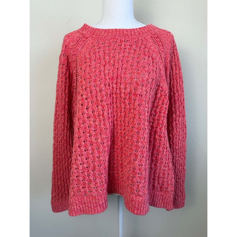 LOFT Women Cotton Blend Boho Sweater Openwork Crewneck 3X Coral Pink Raglan